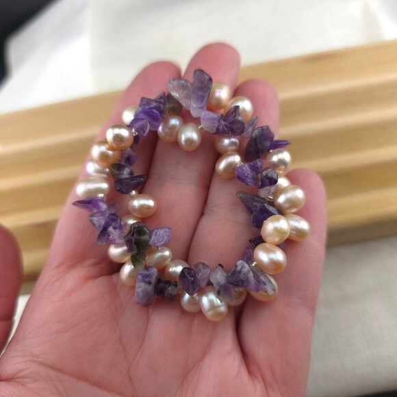 Amethyst & Freshwater Pearl Stretch Bracelet - Purple & Pink Beaded - Picture 6 of 7